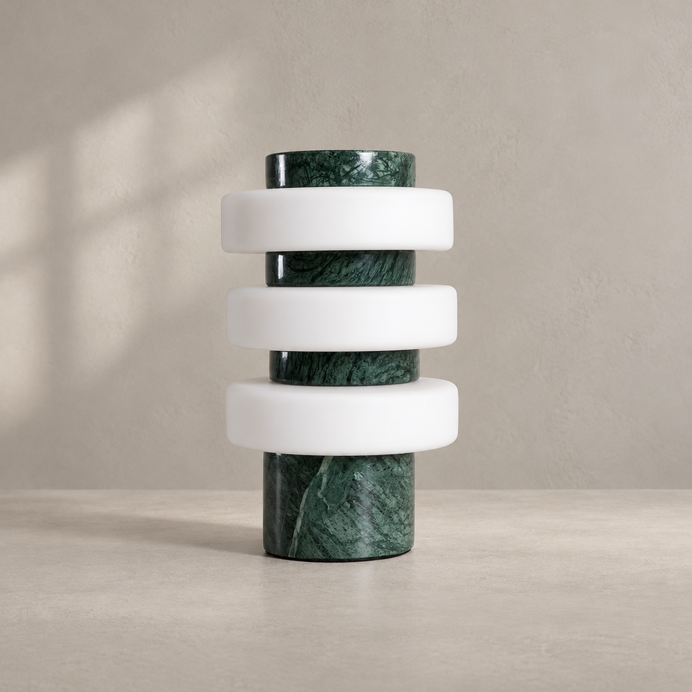 Stone Table Lamp with Three Glass Rings 11.8 in Green Marble 1