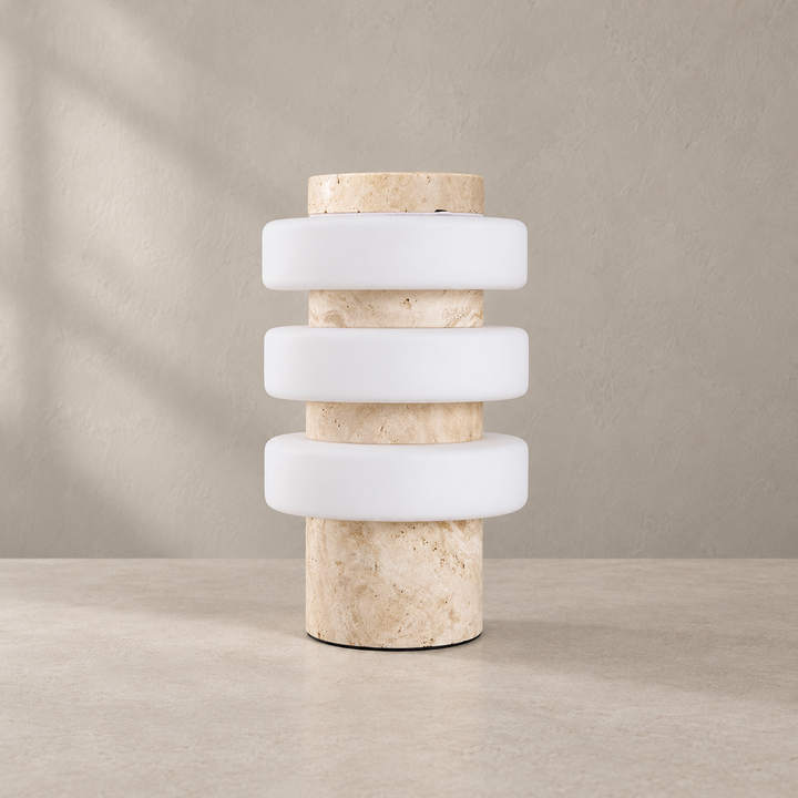 Stone Table Lamp with Three Glass Rings 11.8 in Yellow Travertine 1