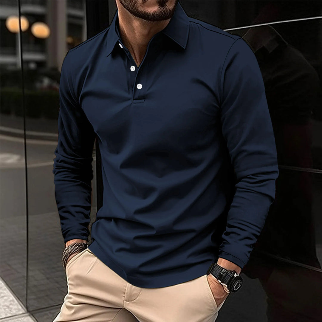 Straight Fit Long Sleeve Polo Shirt Set of 3 Navy 1