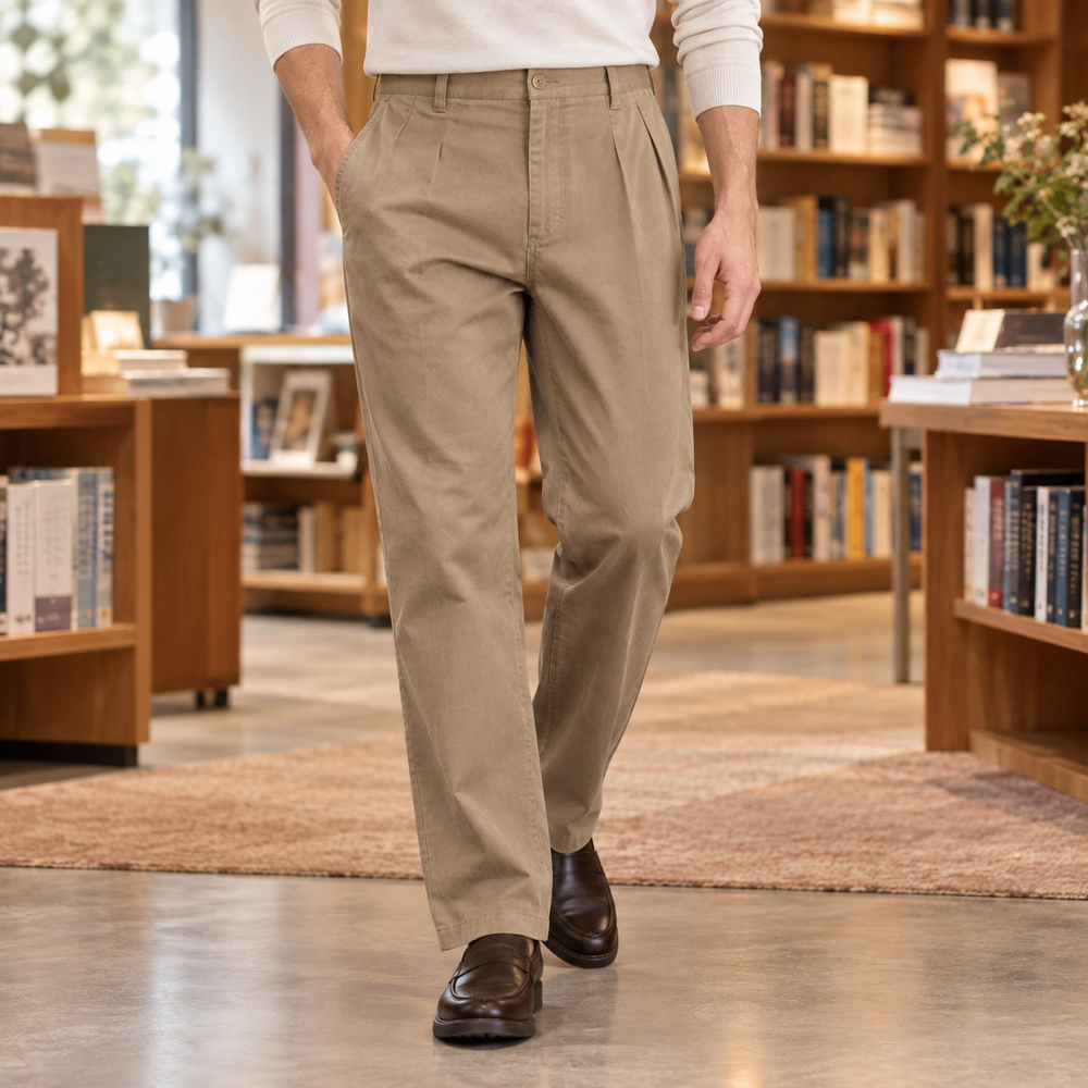 Straight Leg Cotton Blend Pleated Pants Set of 3 Tan 1