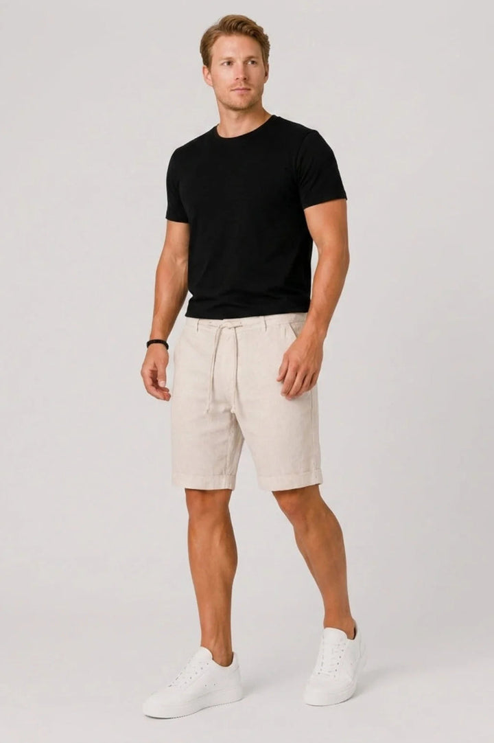 Straight Leg Textured Weave Drawstring Shorts Beige 1