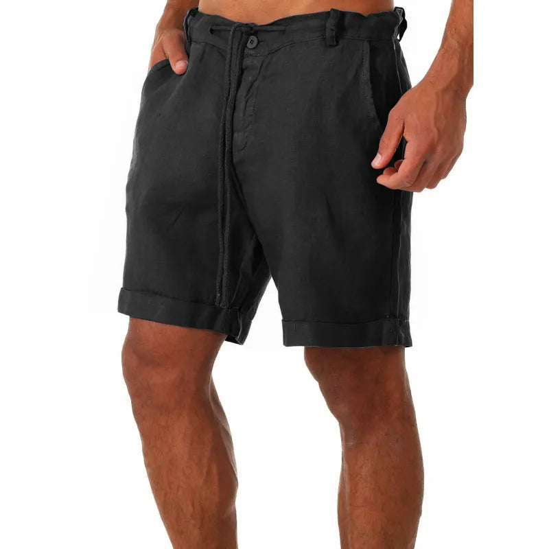 Straight Leg Textured Weave Drawstring Shorts Black 1