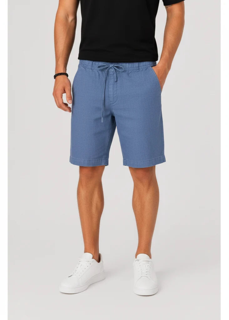 Straight Leg Textured Weave Drawstring Shorts Blue 1