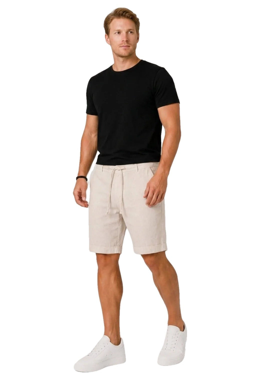 Straight Leg Textured Weave Drawstring Shorts on white