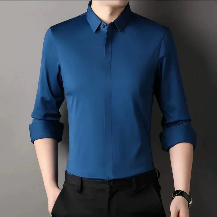 Stretch Dress Shirt Wrinkle Free Hidden Placket Blue 1
