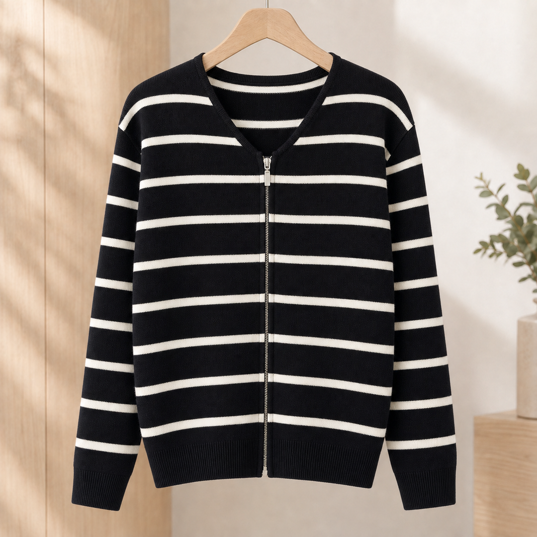 Striped Knit Zip Cardigan V Neck Black White Stripe 1