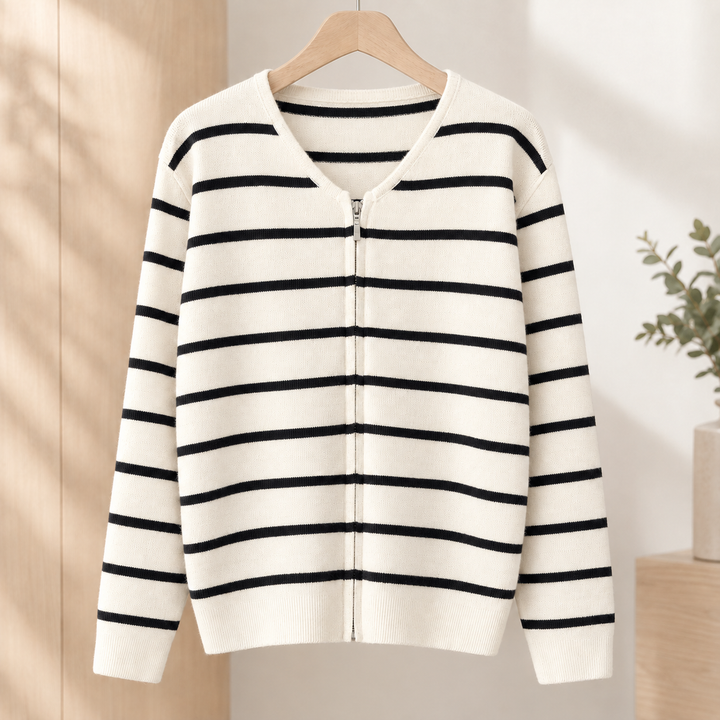 Striped Knit Zip Cardigan V Neck Cream Black Stripe 1
