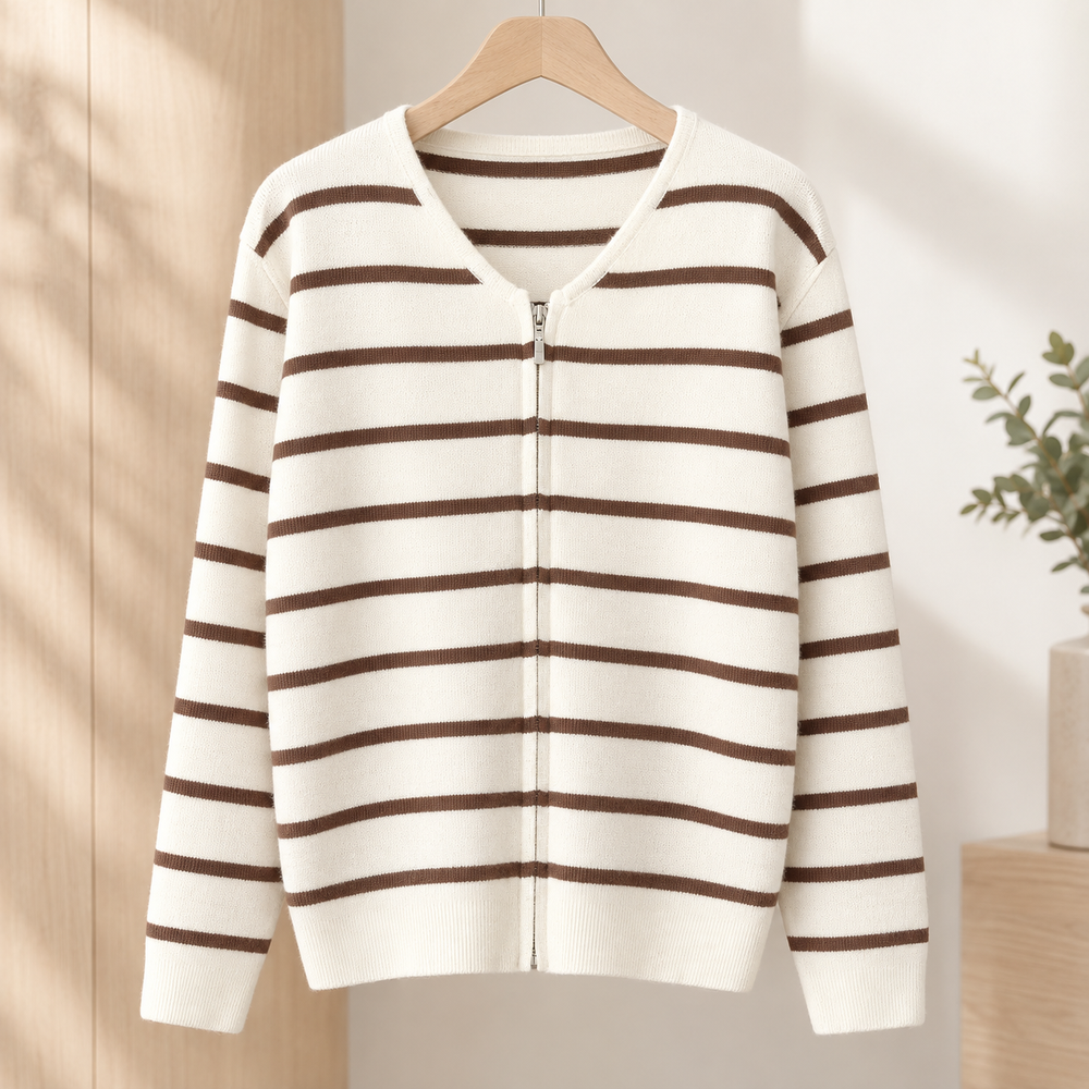 Striped Knit Zip Cardigan V Neck Cream Brown Stripe 1