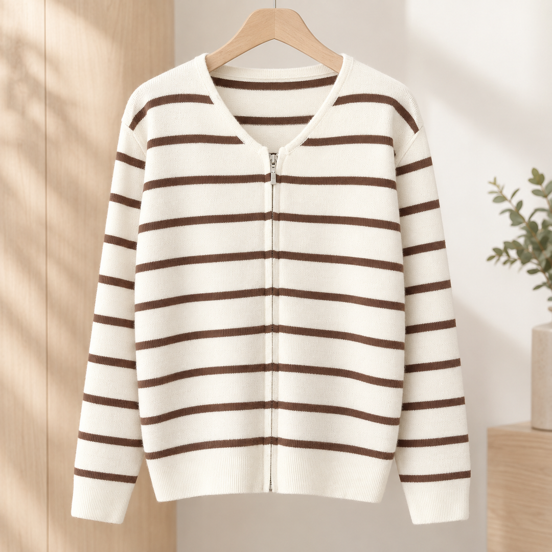Striped Knit Zip Cardigan V Neck Cream Brown Stripe 1