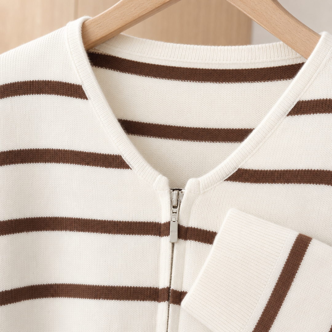 Striped Knit Zip Cardigan V Neck Cream Brown Stripe 2