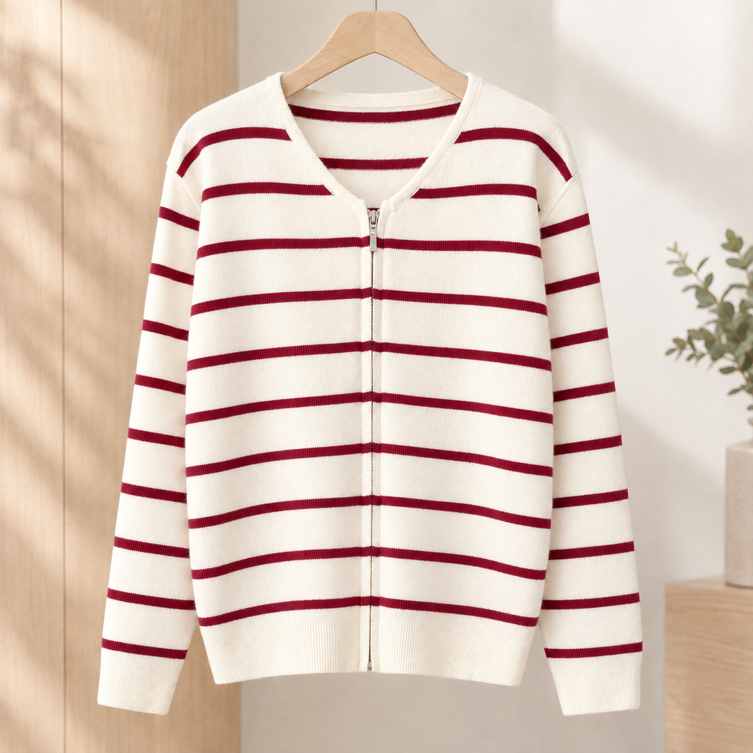 Striped Knit Zip Cardigan V Neck Cream Burgundy Stripe 1