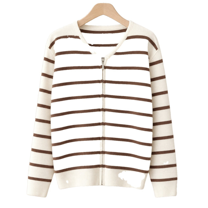 Striped Knit Zip Cardigan V Neck on white