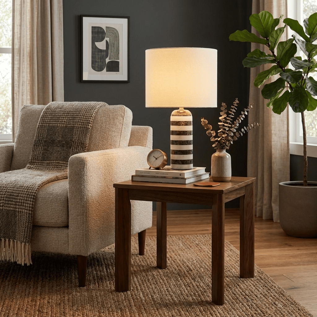 Striped Marble Table Lamp White Fabric Drum Shade 19.9 in Set of 3 3