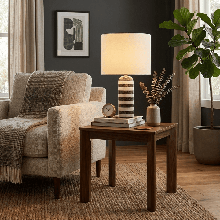 Striped Marble Table Lamp White Fabric Drum Shade 19.9 in Set of 3 3