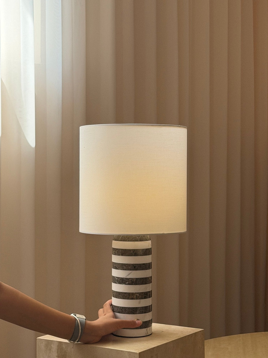 Striped Marble Table Lamp White Fabric Drum Shade 19.9 in Set of 3 8