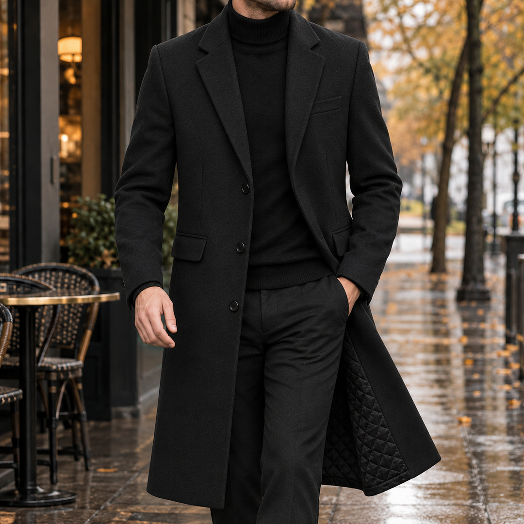 Tailored Cotton Blend Overcoat Knee Length Black 1
