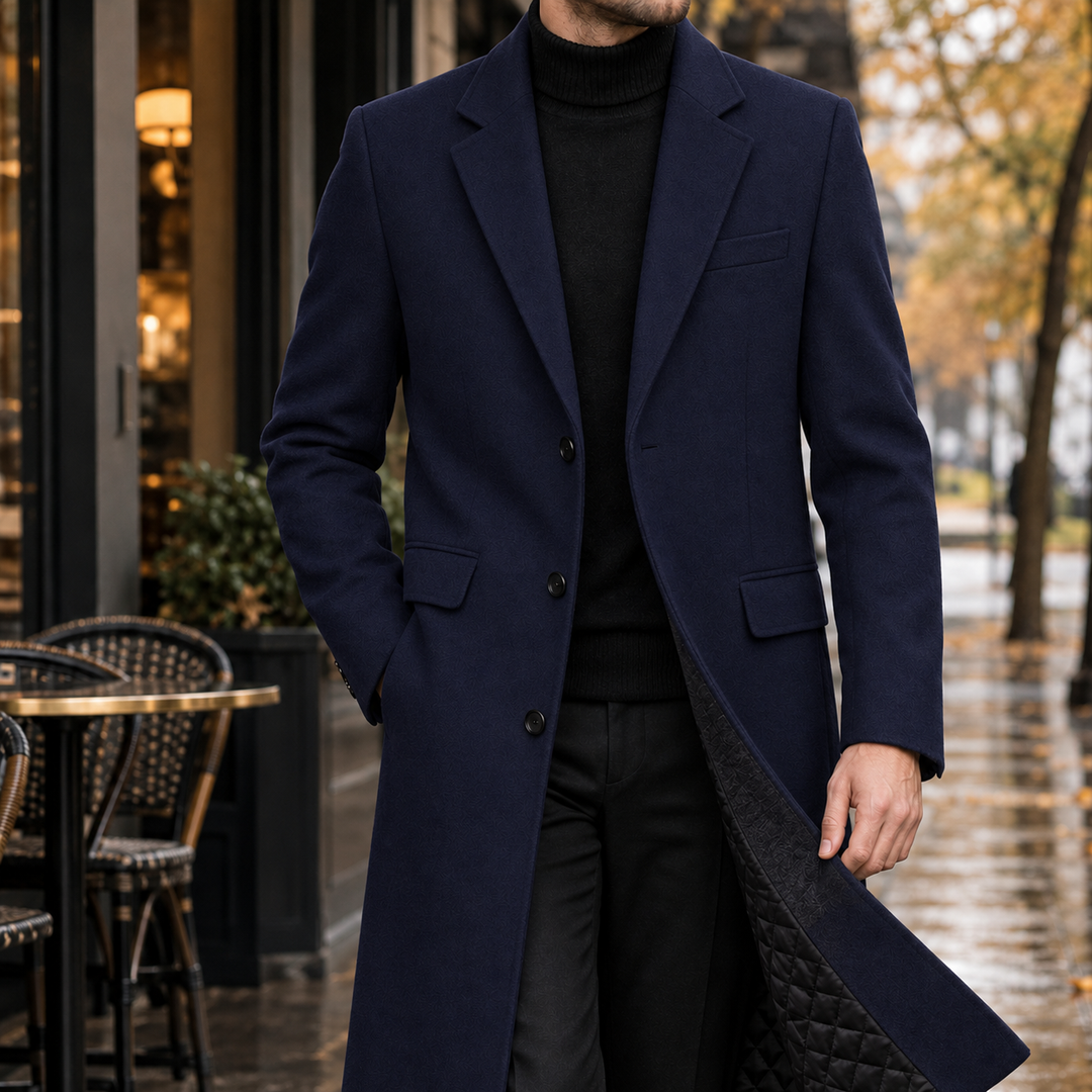 Tailored Cotton Blend Overcoat Knee Length Navy 1