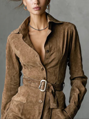 Tailored Suede Look Belted Shirt Dress Light Brown 2