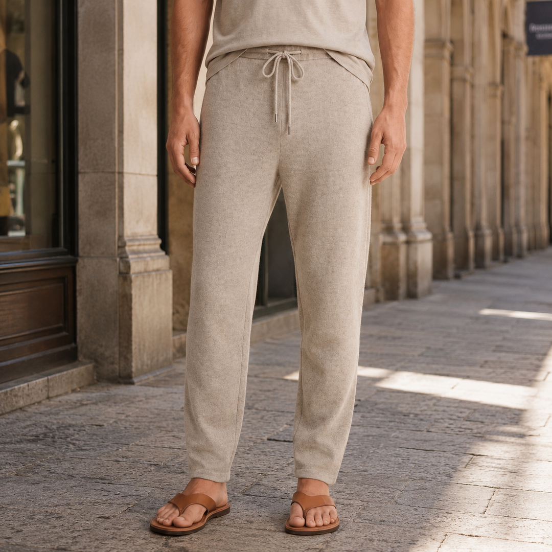 Tapered Merino Wool Knit Drawstring Pants Beige 1