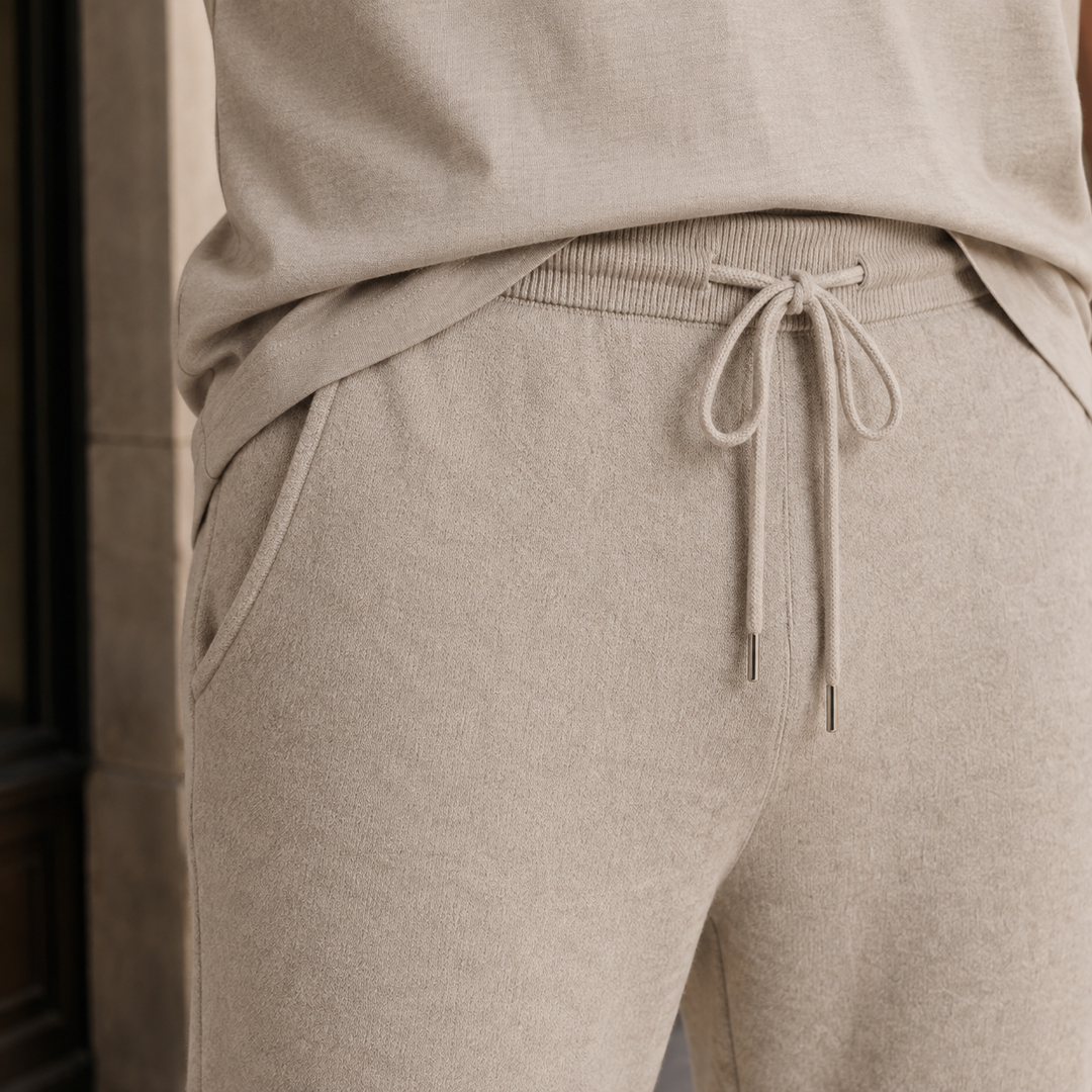 Tapered Merino Wool Knit Drawstring Pants Beige 2