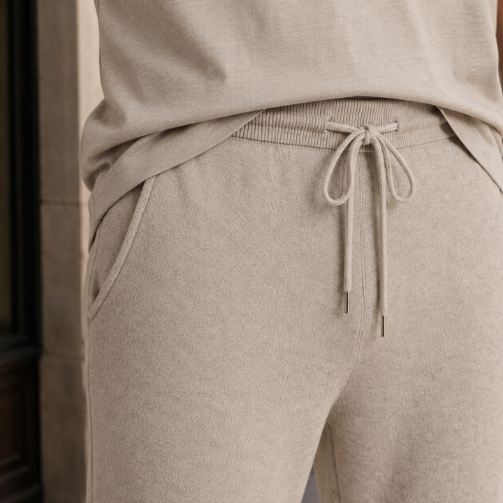 Tapered Merino Wool Knit Drawstring Pants Beige 2