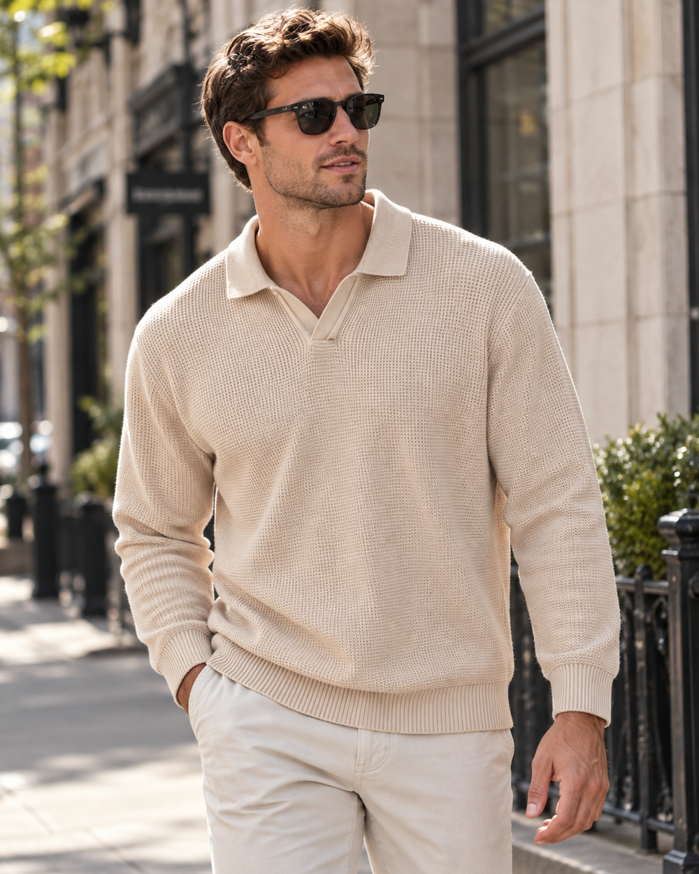 Textured Knit Open Collar Polo Sweater Set of 3 Beige 1