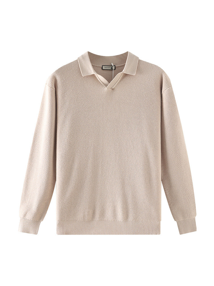 Textured Knit Open Collar Polo Sweater Set of 3 Beige 2