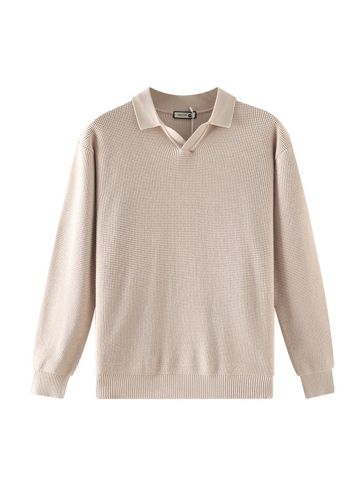 Textured Knit Open Collar Polo Sweater Set of 3 Beige 2