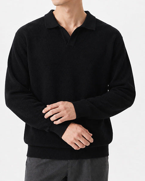Textured Knit Open Collar Polo Sweater Set of 3 Black 1