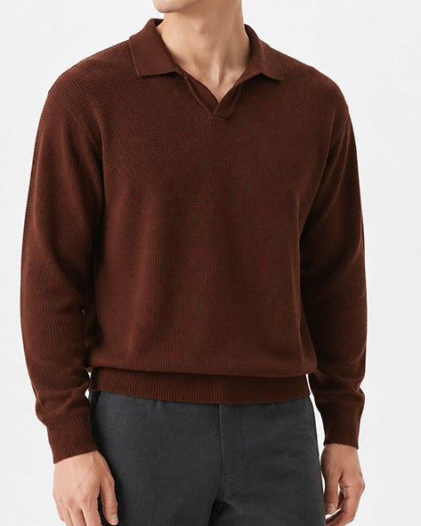Textured Knit Open Collar Polo Sweater Set of 3 Brown 1
