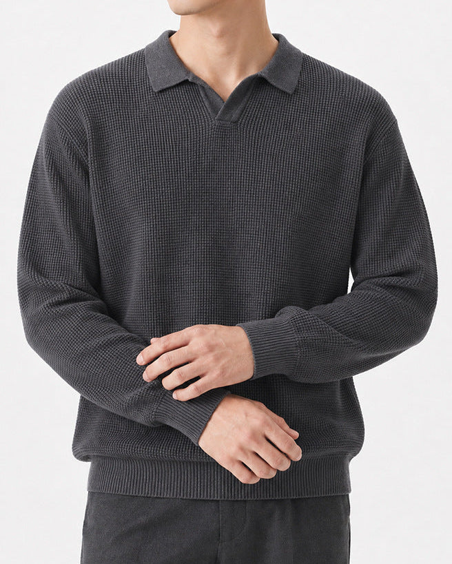 Textured Knit Open Collar Polo Sweater Set of 3 Charcoal 1