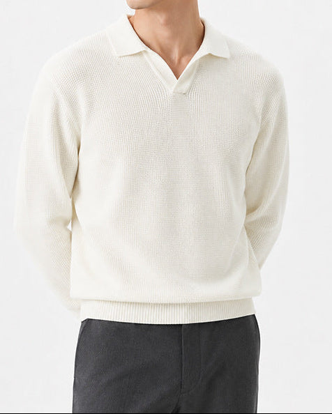 Textured Knit Open Collar Polo Sweater Set of 3 White 1