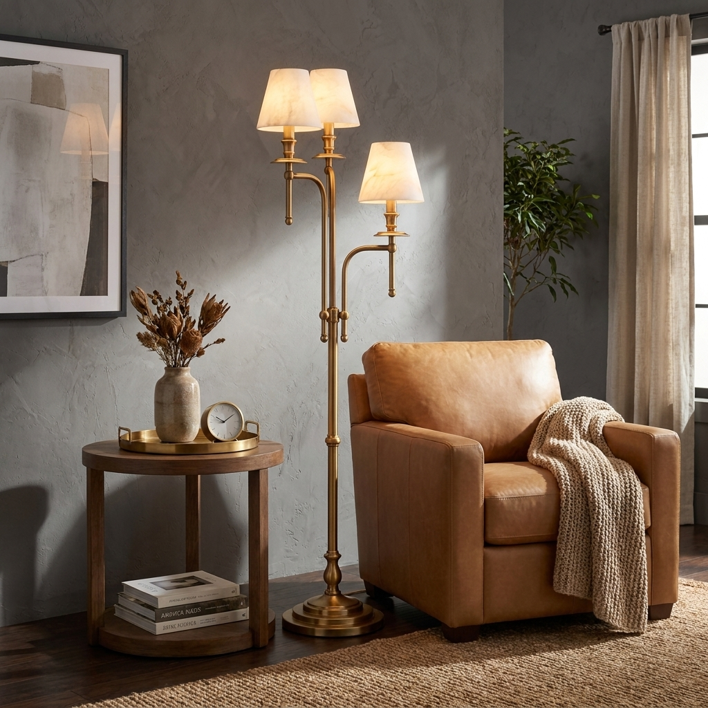 Three Arm Candlestick Floor Lamp Alabaster Shades 68.9 in 2