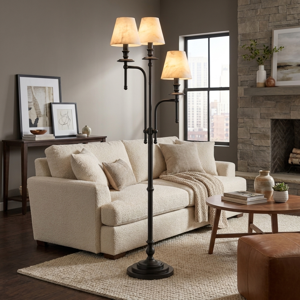 Three Arm Candlestick Floor Lamp Alabaster Shades 68.9 in 3