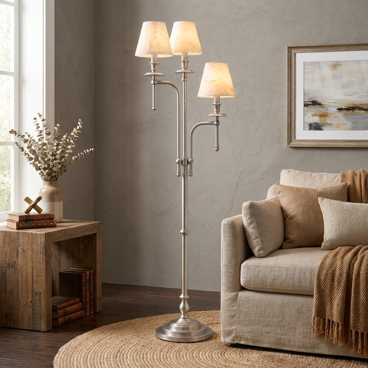 Three Arm Candlestick Floor Lamp Alabaster Shades 68.9 in 4