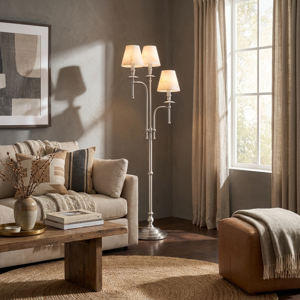 Three Arm Candlestick Floor Lamp Alabaster Shades 68.9 in 7