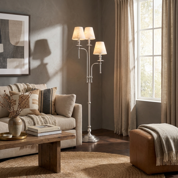 Three Arm Candlestick Floor Lamp Alabaster Shades 68.9 in 7