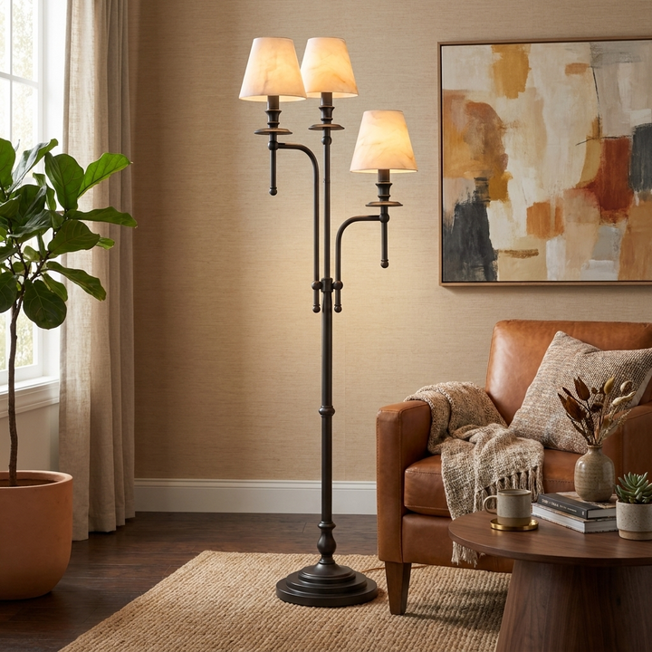 Three Arm Candlestick Floor Lamp Alabaster Shades 68.9 in 8