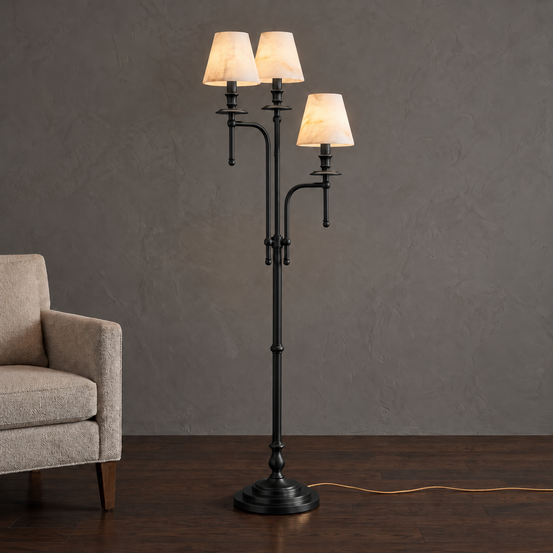 Three Arm Candlestick Floor Lamp Alabaster Shades 68.9 in Black 1