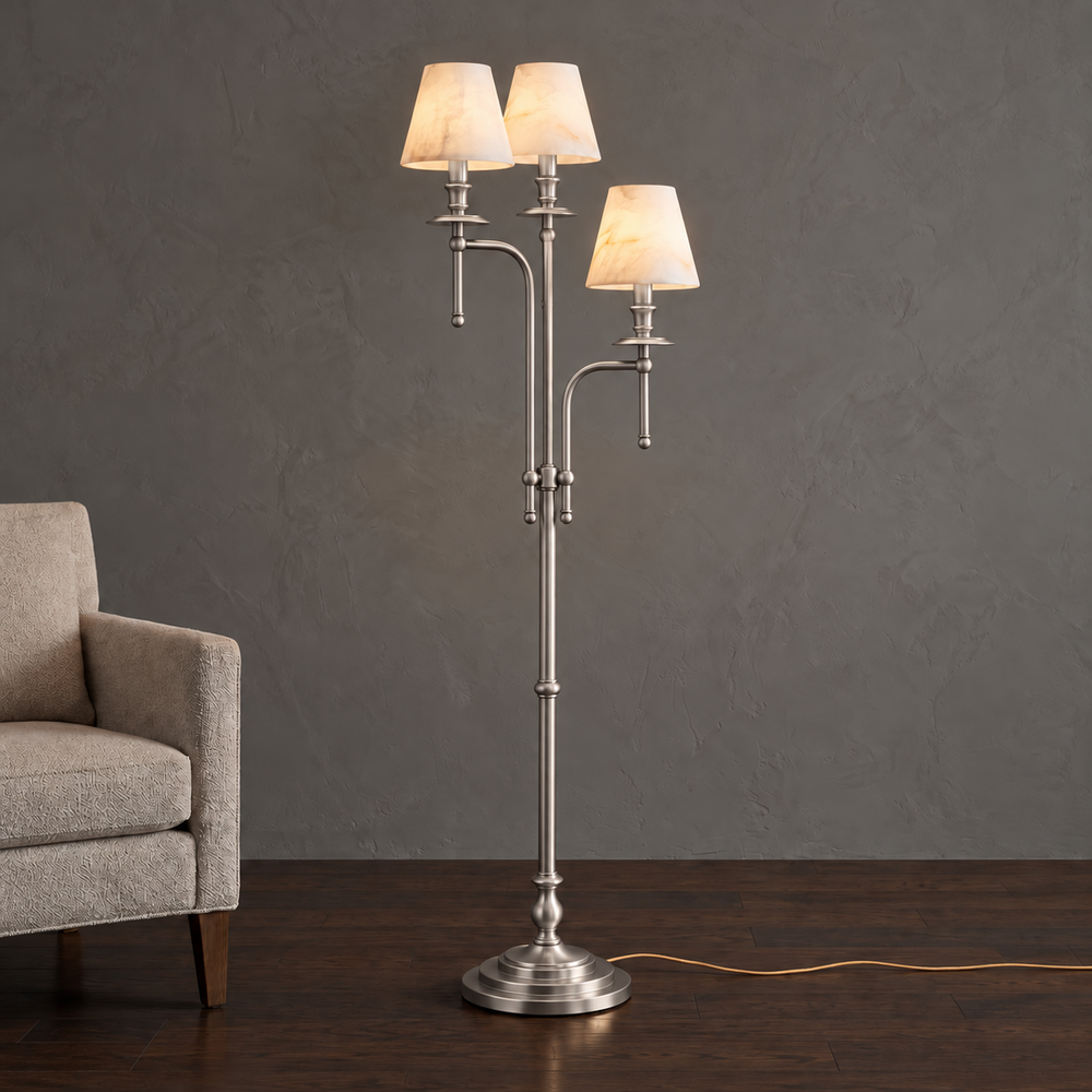 Three Arm Candlestick Floor Lamp Alabaster Shades 68.9 in Brushed Nickel 1