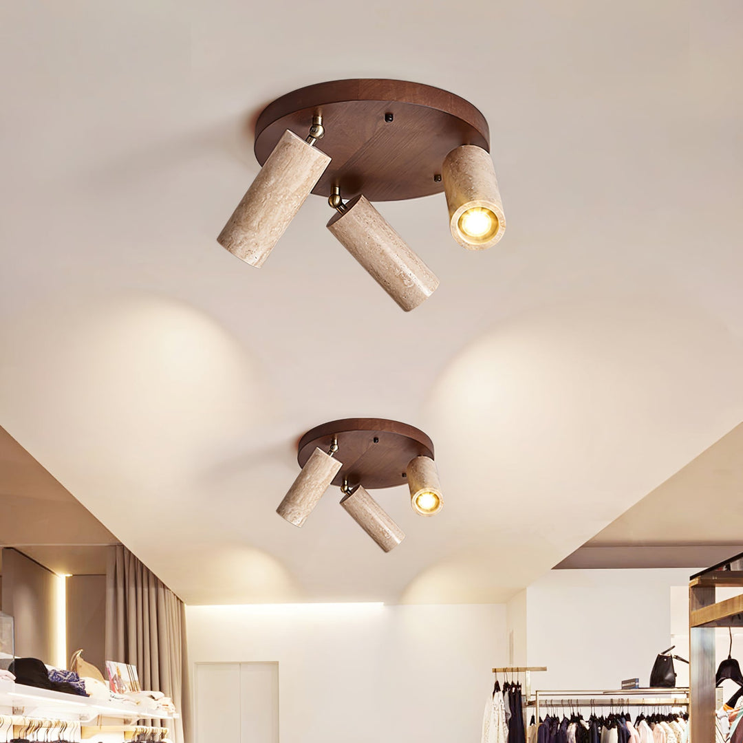 Three Spotlight Ceiling Light Travertine and Wood 11.8 in Set of 2 3