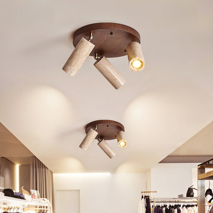 Three Spotlight Ceiling Light Travertine and Wood 11.8 in Set of 2 3
