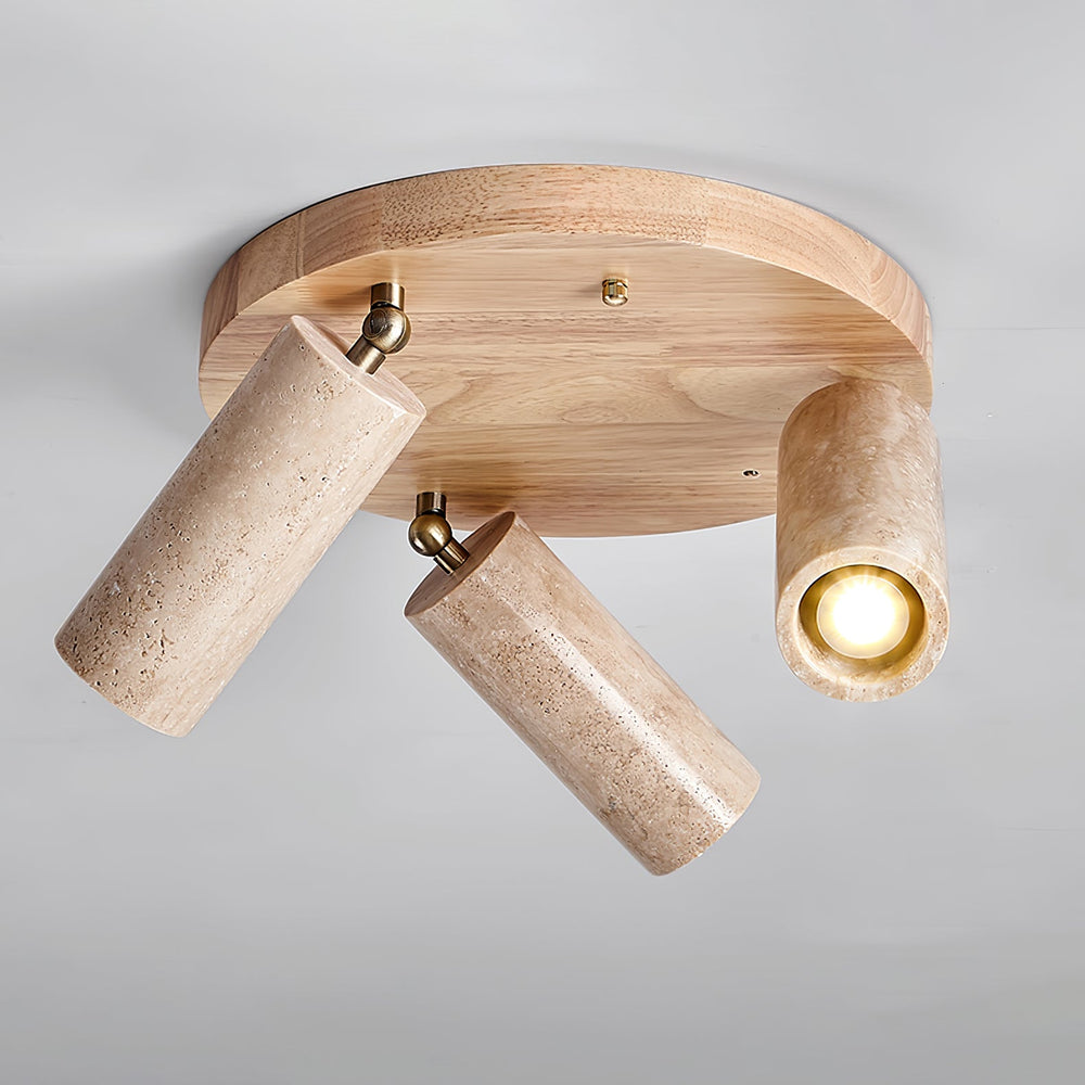 Three Spotlight Ceiling Light Travertine and Wood 11.8 in Set of 2 Natural Wood & Yellow Travertine 1