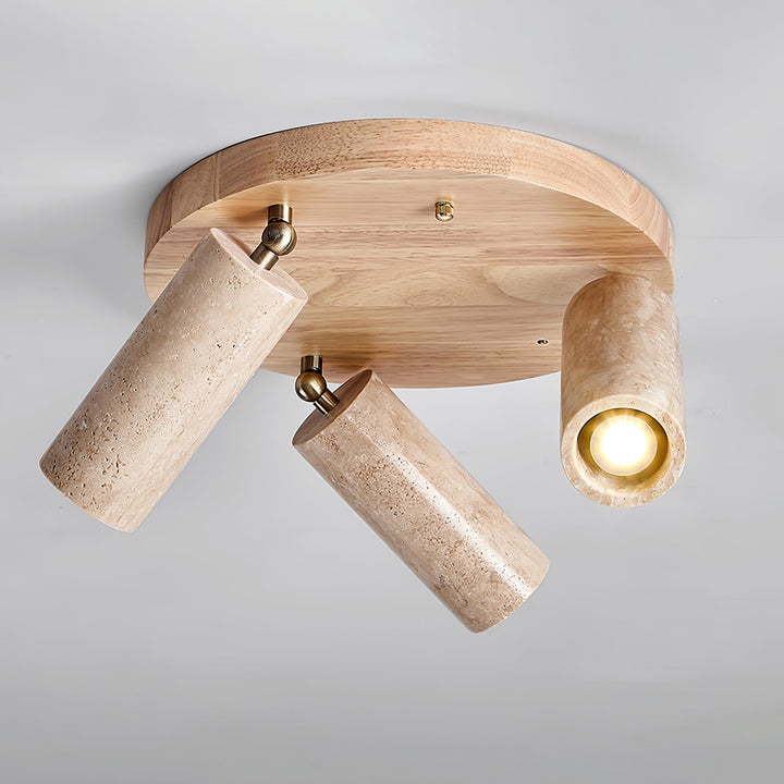 Three Spotlight Ceiling Light Travertine and Wood 11.8 in Set of 2 Natural Wood & Yellow Travertine 1