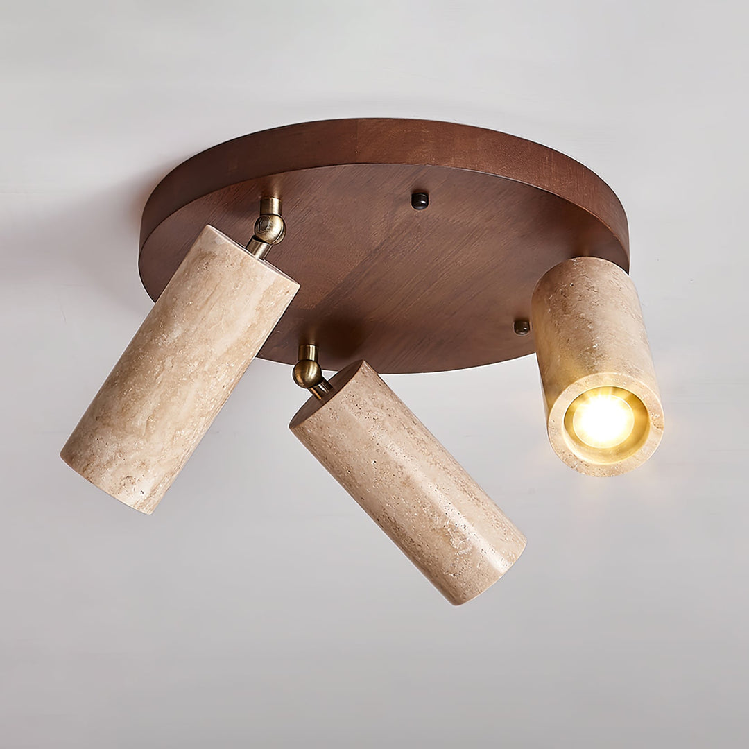 Three Spotlight Ceiling Light Travertine and Wood 11.8 in Set of 2 Walnut & Yellow Travertine 1