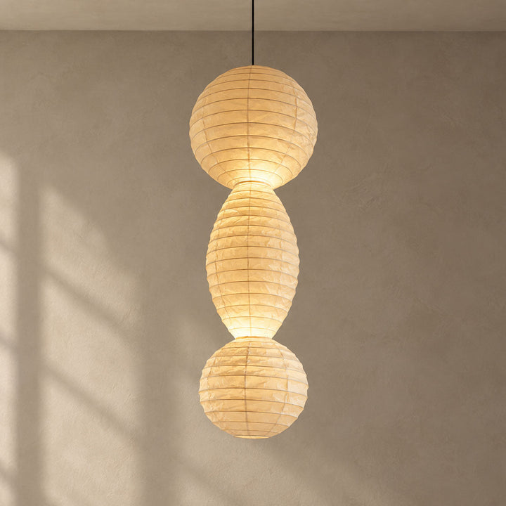 Three Tier Paper Lantern Pendant Bamboo Rings 44.9 in Set of 2 15.7 x 44.9 in 1