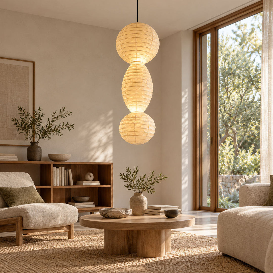 Three Tier Paper Lantern Pendant Bamboo Rings 44.9 in Set of 2 2