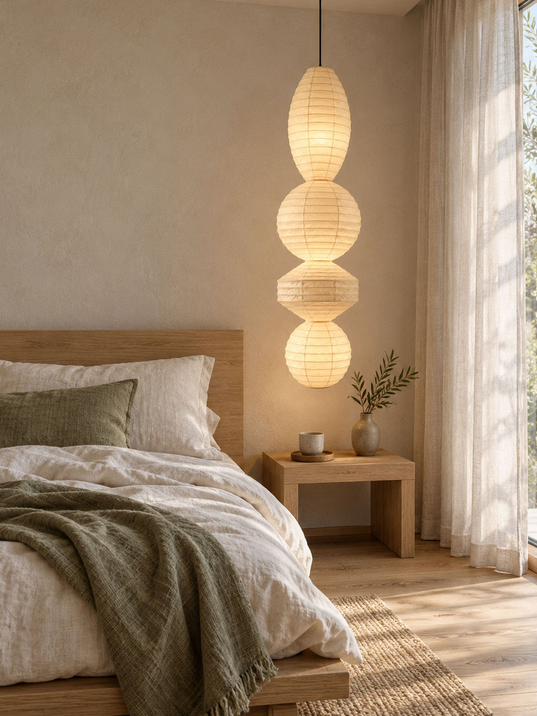 Three Tier Paper Lantern Pendant Bamboo Rings 44.9 in Set of 2 4