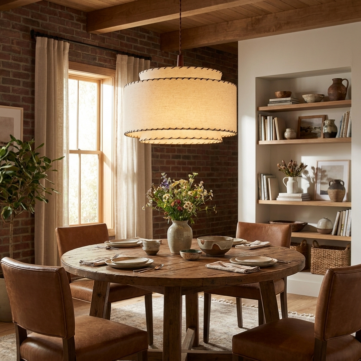 Tiered Linen Look Fabric Pendant Light Wood Canopy 15.7 in Set of 2 3