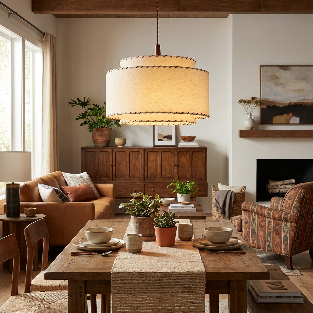 Tiered Linen Look Fabric Pendant Light Wood Canopy 15.7 in Set of 2 4